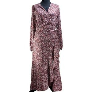 Floral Wrap Maxi Dress Terracotta Red Long Sleeve Ruffle Hem‎ Size M